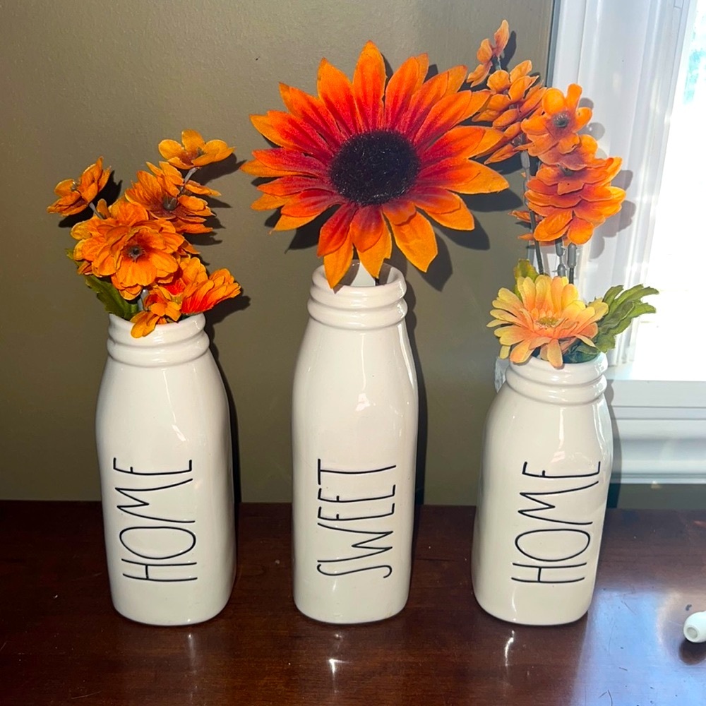 Set of Three Rae Dunn Vases W/ Flowers